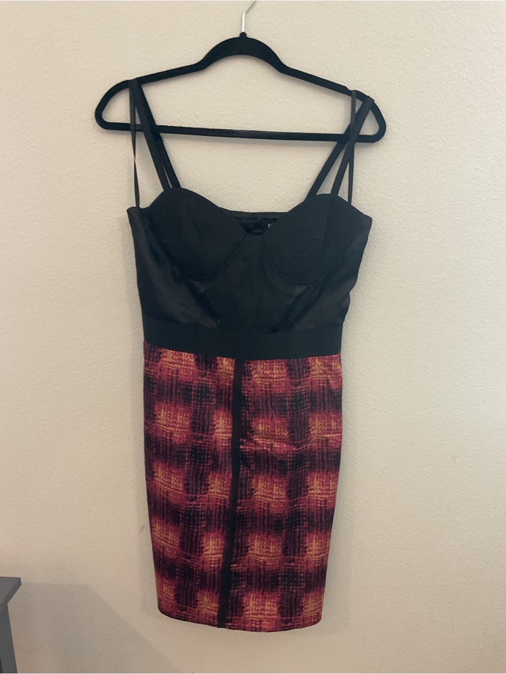 bebe Black Bustier Midi Dress with Red and Orange Plaid Skirt